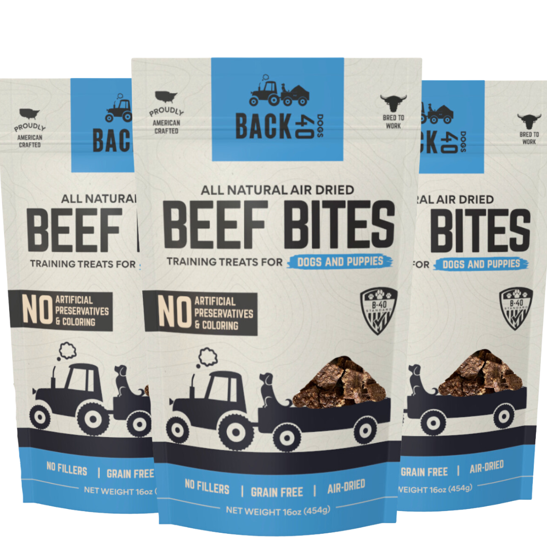 Packages of all-natural beef bites dog treats, emphasizing no fillers or artificial preservatives.