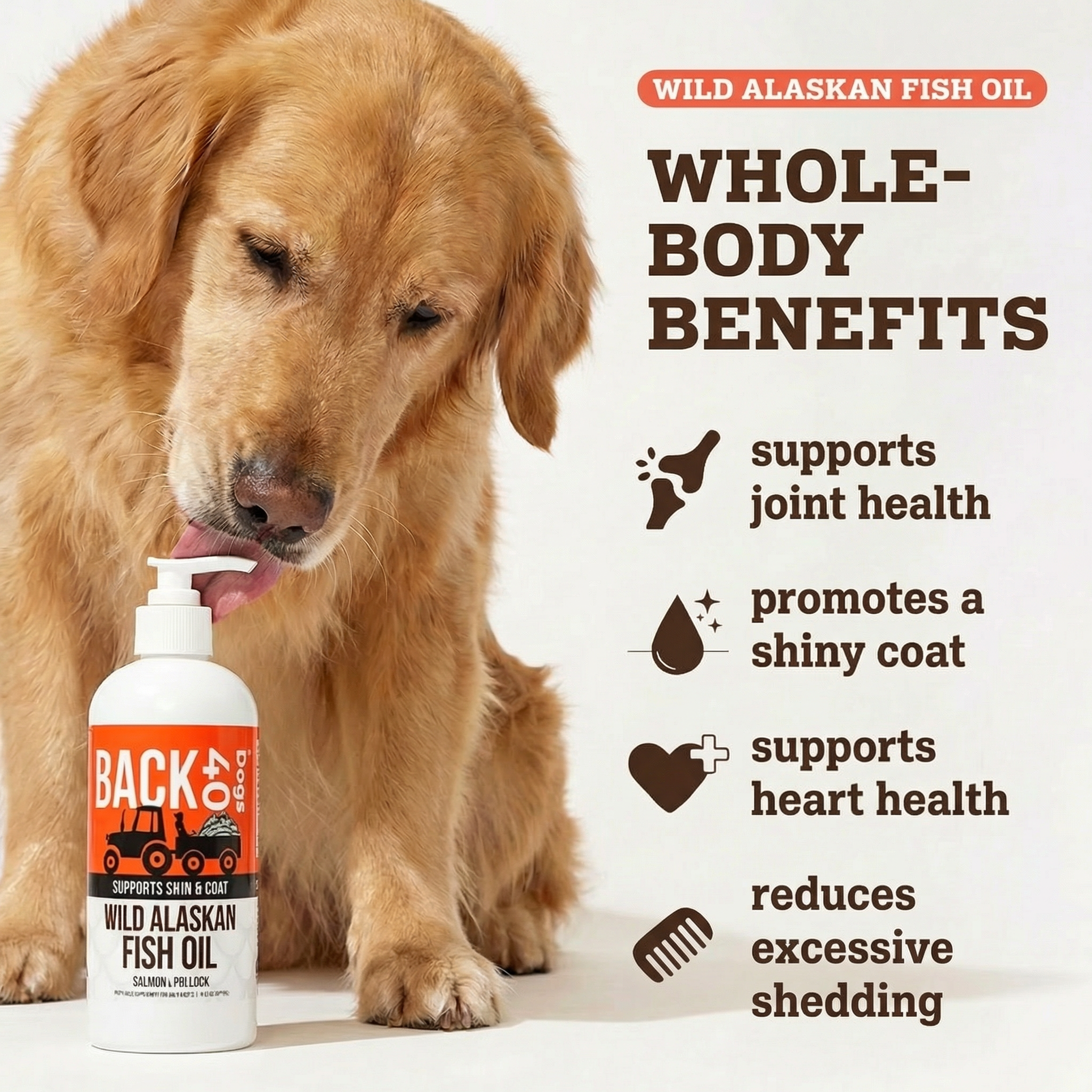 BACK 40 Dogs Wild Alaskan Fish Oil for Dogs, Skin and Coat Supplement for Dogs & Cats, Omega-3-Rich Salmon and Pollock Oil, EPA & DHA Dog Salmon Oil